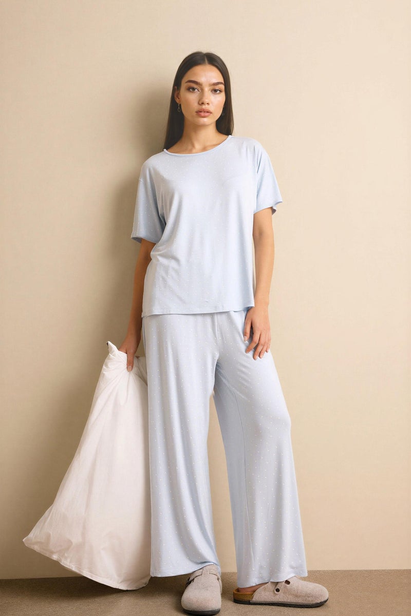 DeFacto Blue Woman Short Sleeve Top Bottom 2 Piece Pajama Set Casual - Image 1